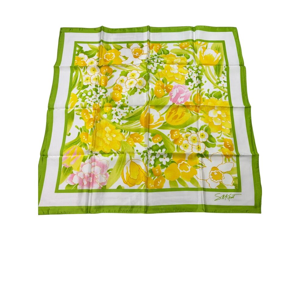 VTG NWT Avon green white yellow floral scarf. 27.5" square. 1970s. MCM, vintage